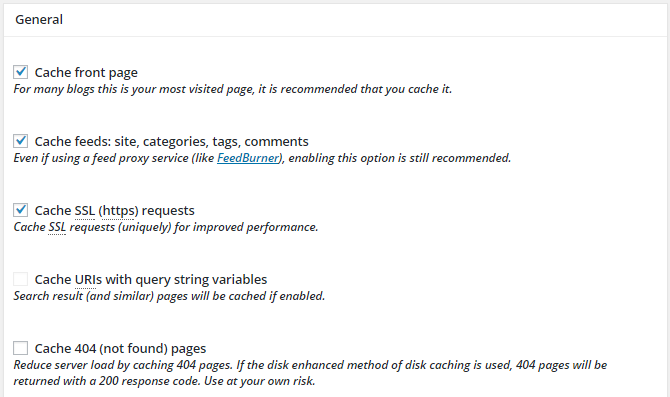 screenshot of page cache options in w3tc