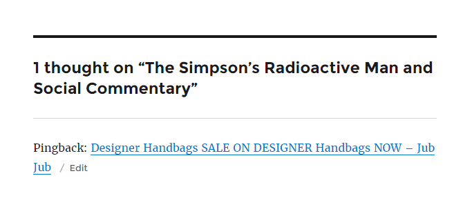 A sample pingback approved as a comment on the post. It says "Pingback:" then a hyperlinked title of the post is displayed.