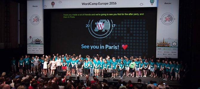 Final presentation at WordCamp Europe 2016. The presentation slide says "See you in Paris" referring to WCEU in 2017.