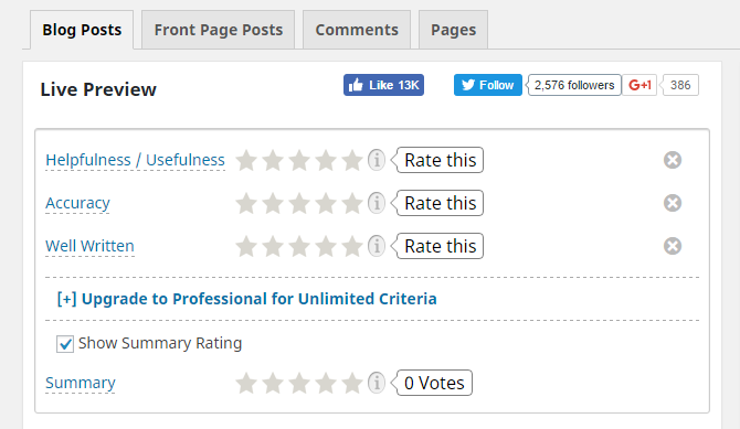screenshot of blog post tab in rating widget menu