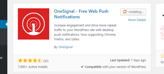 screenshot of onesignal installing in wordpress dashboard