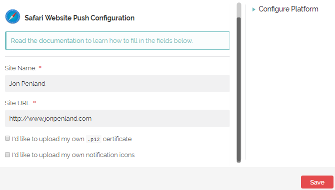screenshot of one signal safari set up process