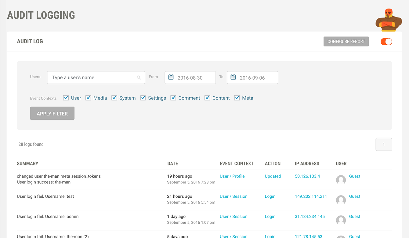 Find user activity quickly the handy search tool.