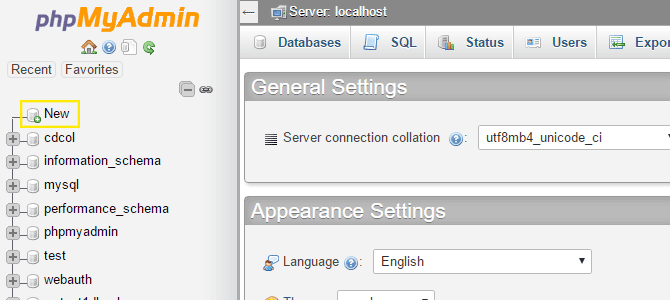 phpMyAdmin main page