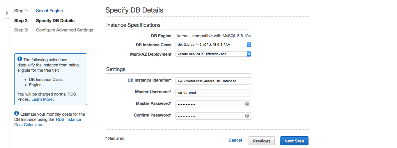AWS Aurora database configuration.
