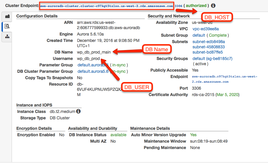 AWS Aurora database settings.