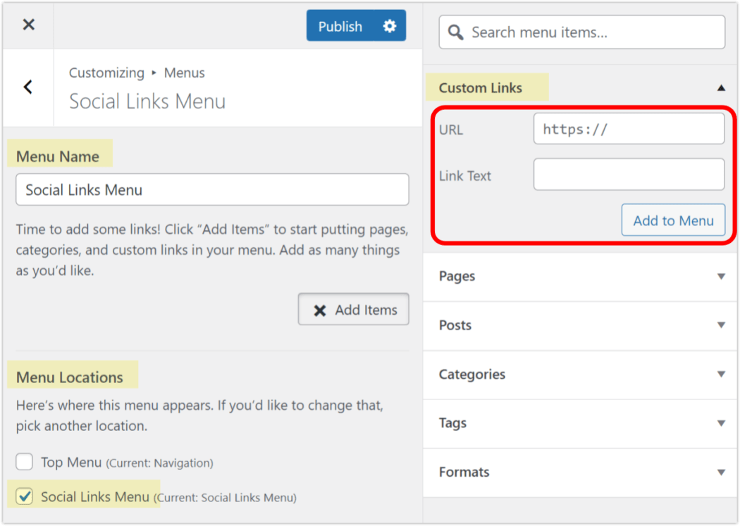 Add social links in theme 2017