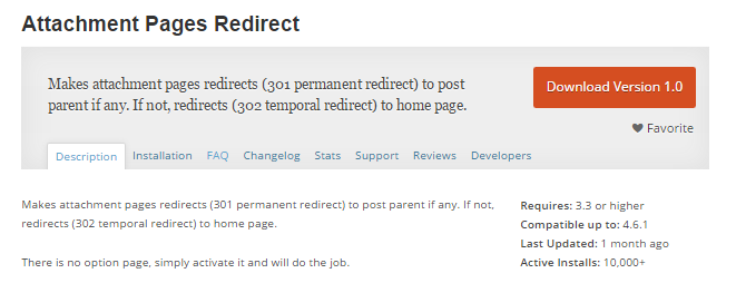screenshot of attachment pages redirect plugin