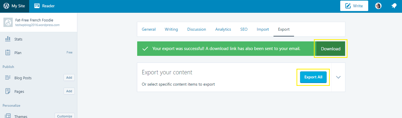 The Export page under the WordPress.com Settings tab.
