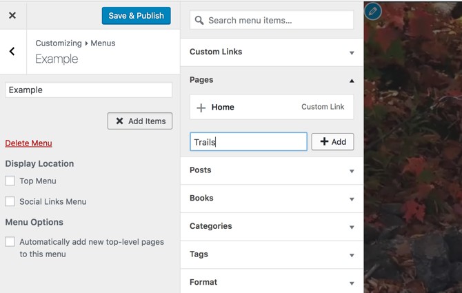 Creating a new page from the customizer