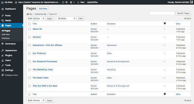 The page listing page in the admin - with divisions applied