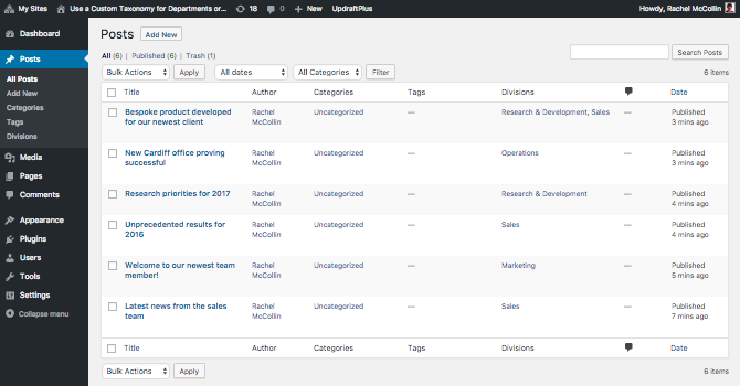 The post listing page in the admin - with divisions applied