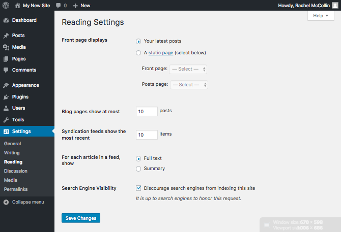 The WordPress reading settings screen