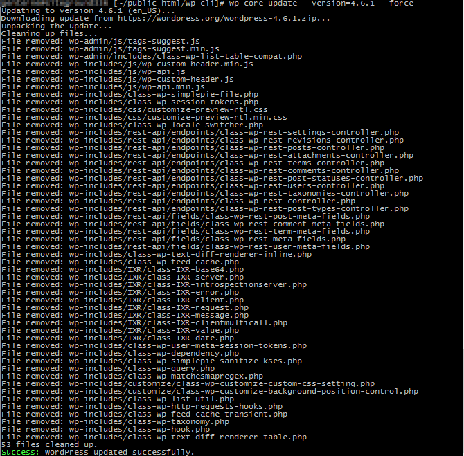 message displayed after forcing WordPress back on version with wp-cli