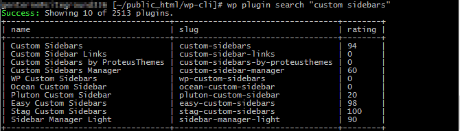 results of plugin search completed with wp-cli