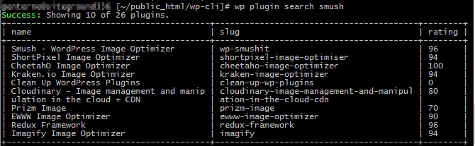 results of a plugin search completed with wp-cli