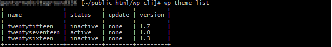 a list of installed themes generated by wp-cli