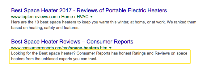 An example of a meta description in Google search results\.