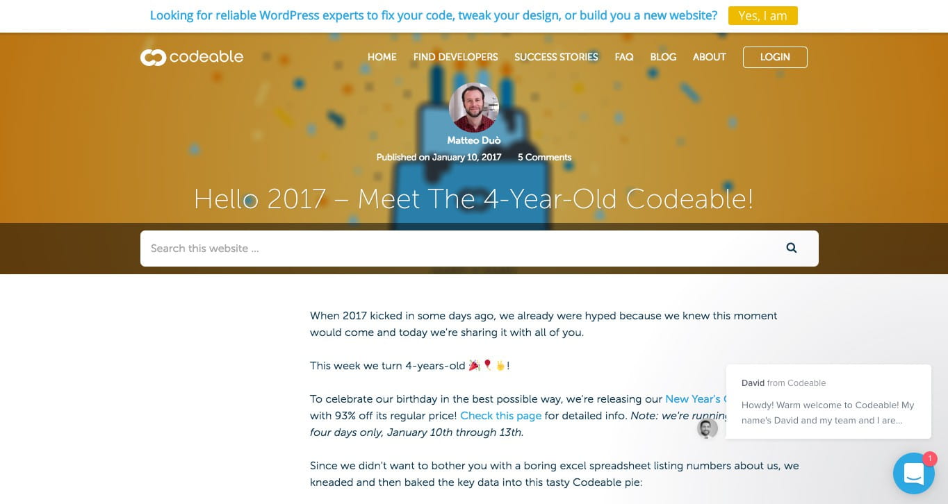 Codeable's live chat app open in the bottom right-hand corner of the screen.