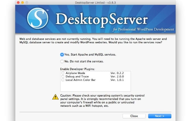 DesktopServer setup wizard