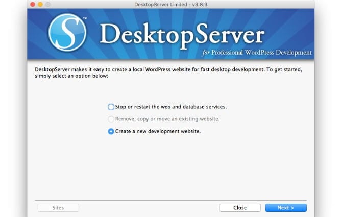Wizard screen to create new site