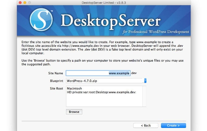 Wizard screen to install WordPress