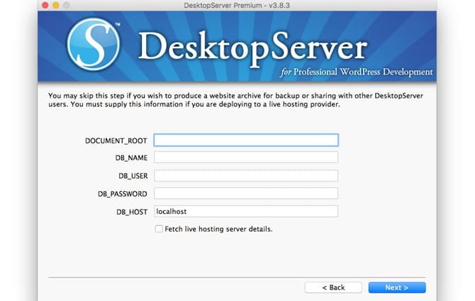 Screen to enter database details