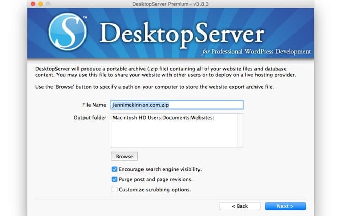 Exporting configuration screen