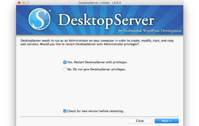 Wizard screen to start DesktopServer