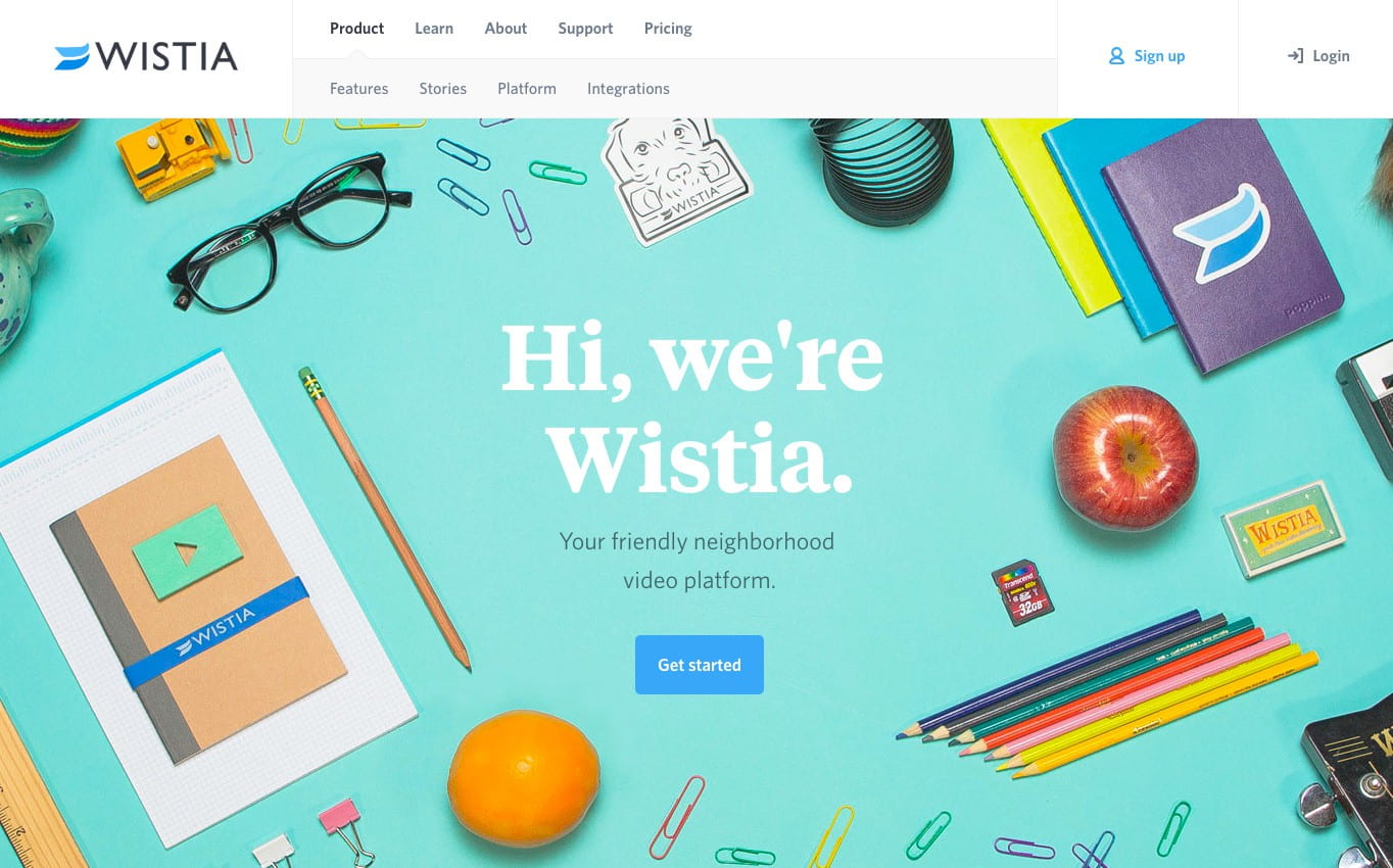 Video hosting service Wistia has a gorgeous, minimalist home page that focuses users on clicking the "Get started" call-to-action button.