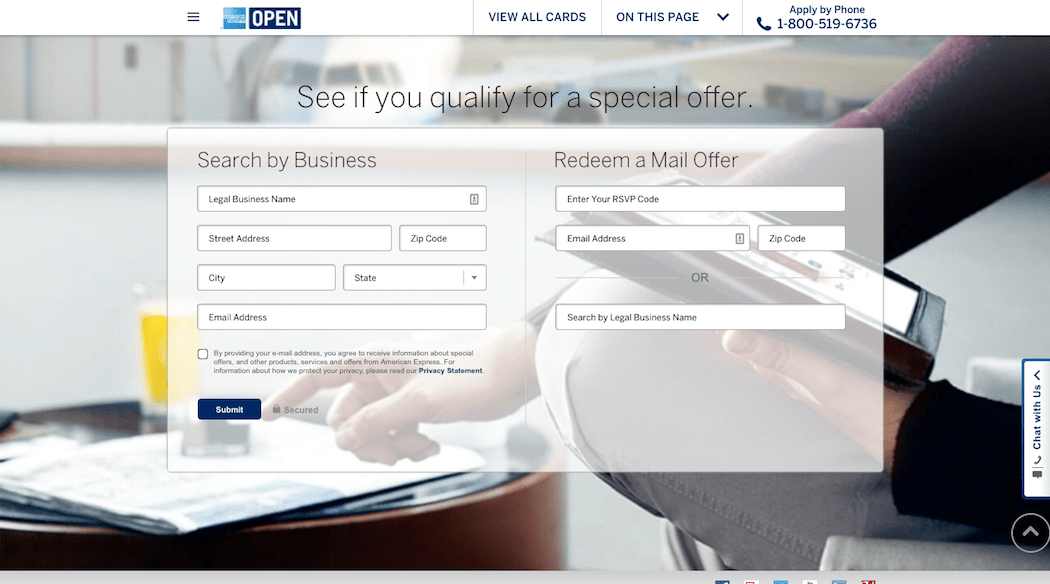 The American Express website's contact form.