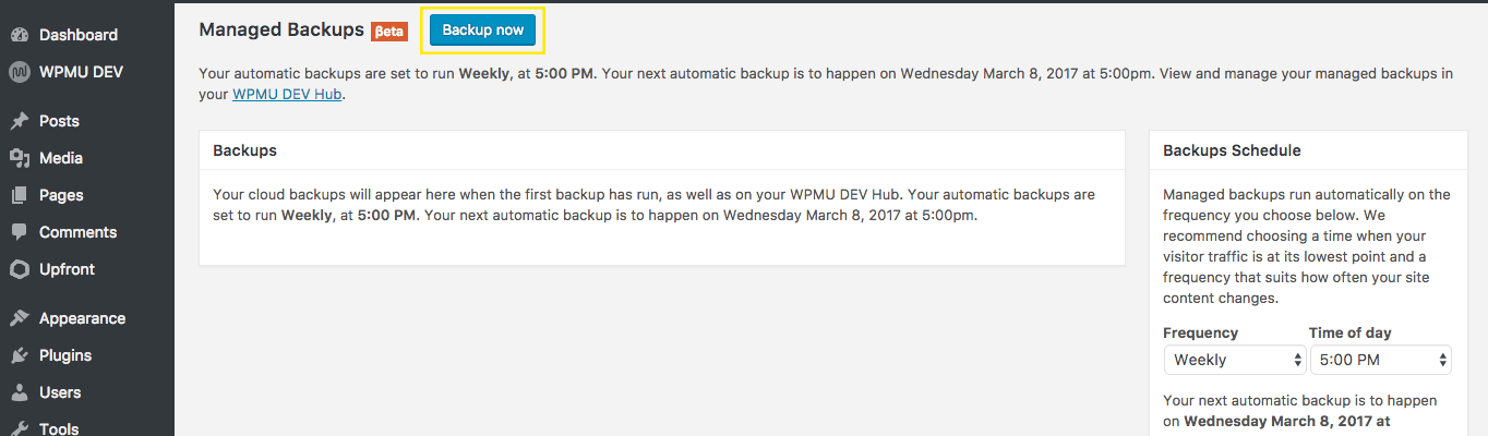 Managed Backups page