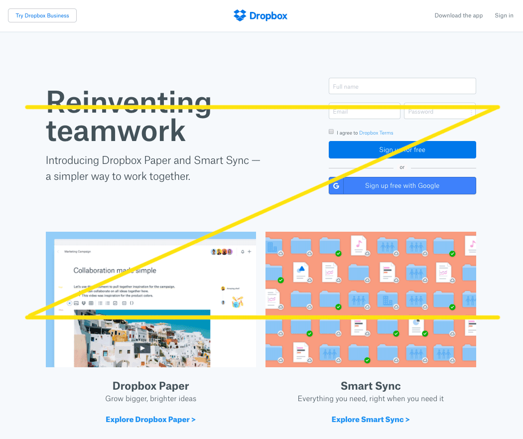 The Dropbox website follows the principles of the Gutenberg Diagram.