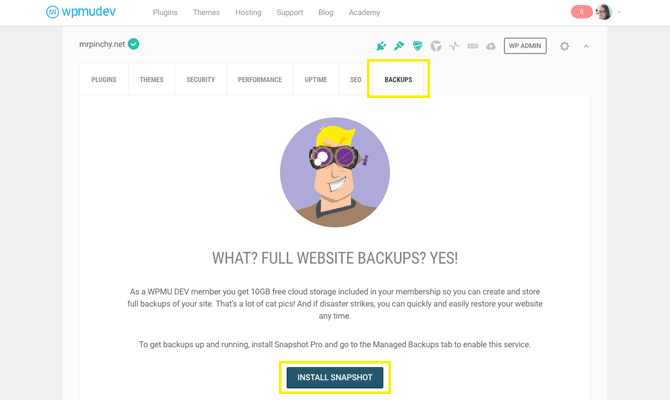 Backups tab in The Hub