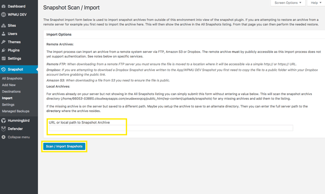 Snapshot import page