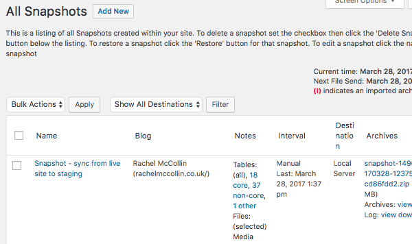 Snapshot Pro set up on a live site.