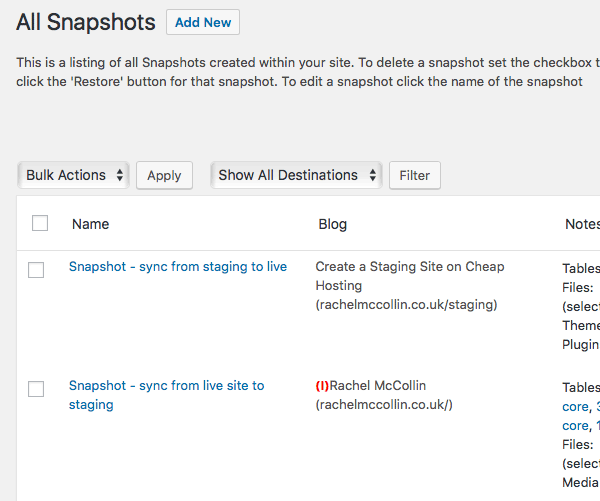 Snapshots on staging site.