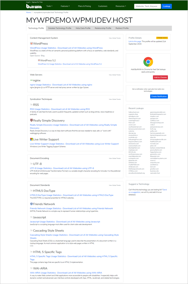 Screenshot of results page of BuiltWith.com analysis tool.