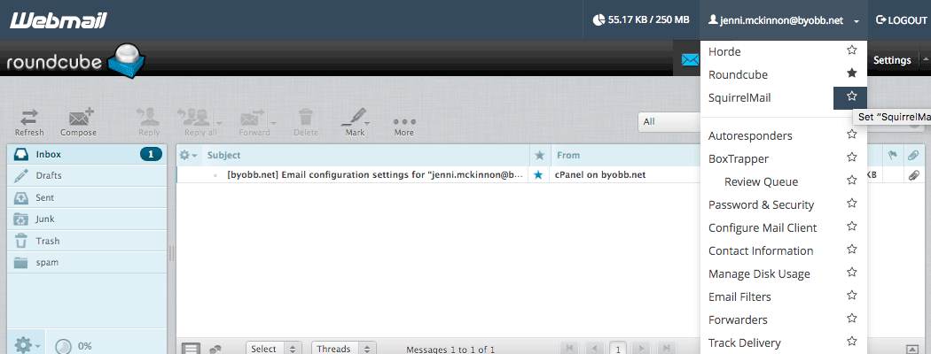 The email address has been clicked at the top of the Webmail page and a different email app on the list is highlighted.