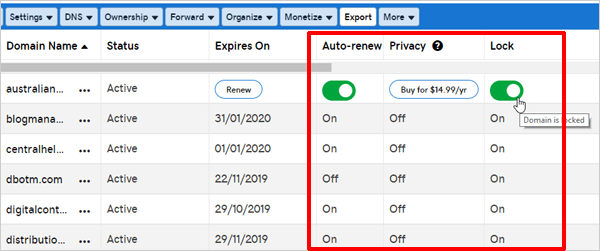GoDaddy domain security features.