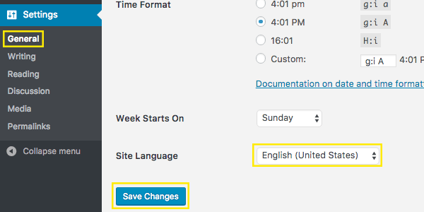 WordPress General Settings page