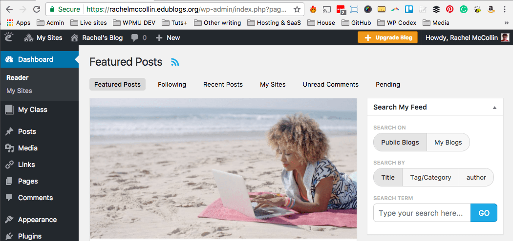 Edublogs admin screen showing WordPress Multisite subdomain URL