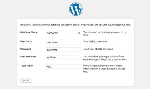 Database settings for WordPress 5-minute install