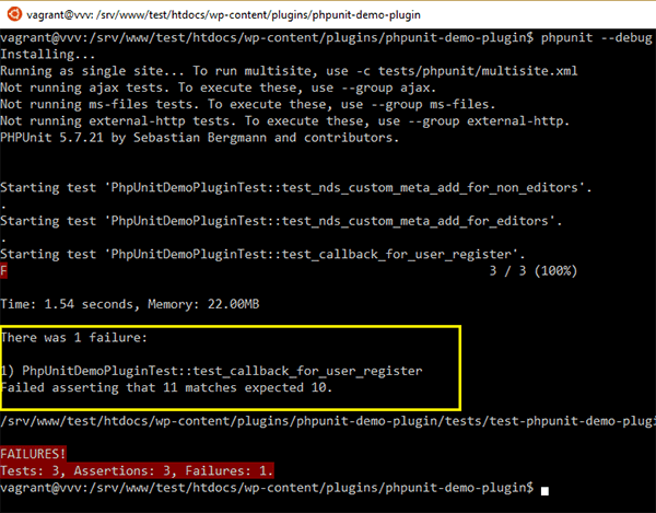 Failing test callback PHPUnit