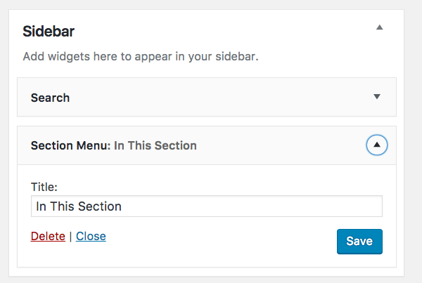 Section menus widget in the Widgets admin screen