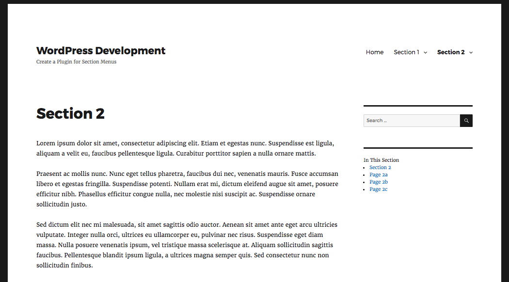 Section menu list in the sidebar