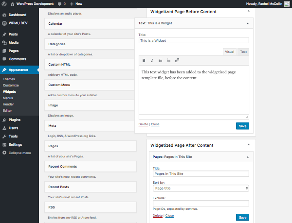 Widgets admin screens with a widget added to two new widget areas