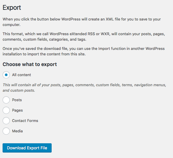 WordPress export settings