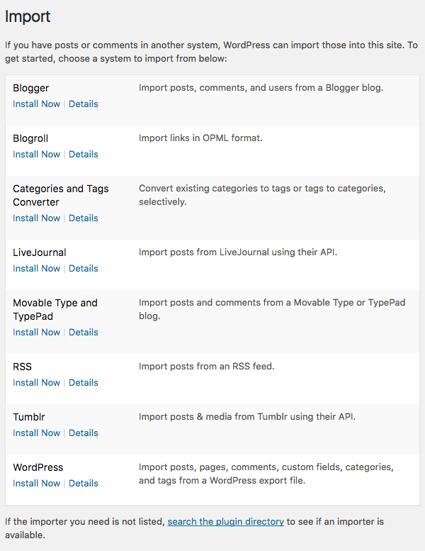WordPress import settings