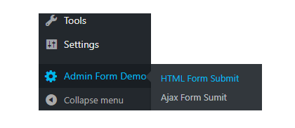 admin menu structure of the plugin